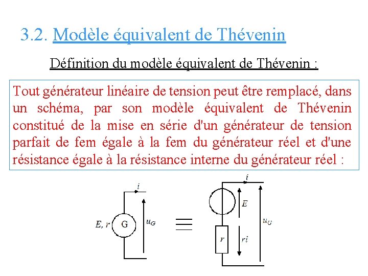 3. 2. Modèle équivalent de Thévenin Définition du modèle équivalent de Thévenin : Tout