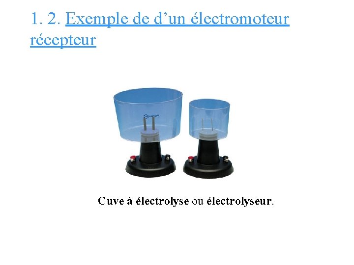 1. 2. Exemple de d’un électromoteur récepteur Cuve à électrolyse ou électrolyseur. 
