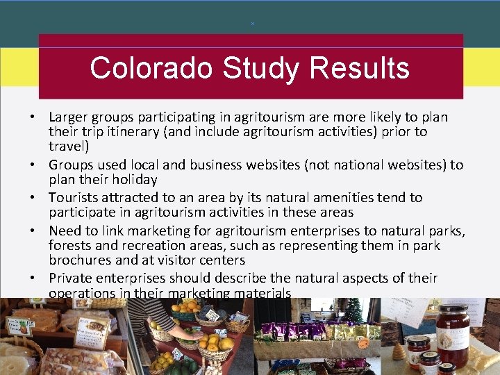 Colorado Study Results • Larger groups participating in agritourism are more likely to plan