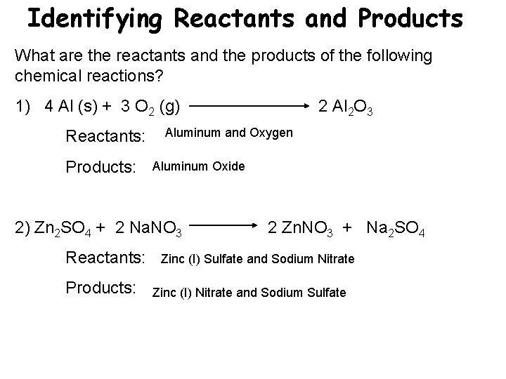 Identifying Reactants and Products What are the reactants and the products of the following