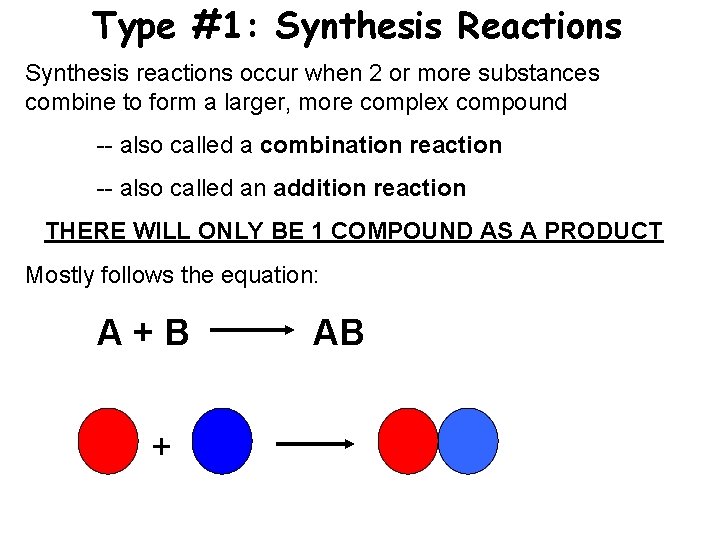 Type #1: Synthesis Reactions Synthesis reactions occur when 2 or more substances combine to