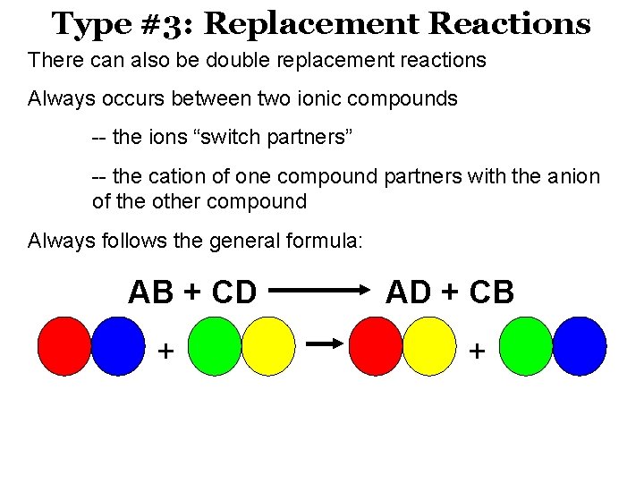 Type #3: Replacement Reactions There can also be double replacement reactions Always occurs between