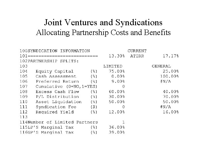 Joint Ventures and Syndications Allocating Partnership Costs and Benefits 