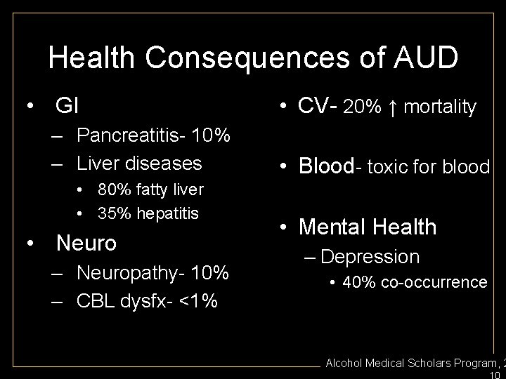 Health Consequences of AUD • GI – Pancreatitis- 10% – Liver diseases • 80%