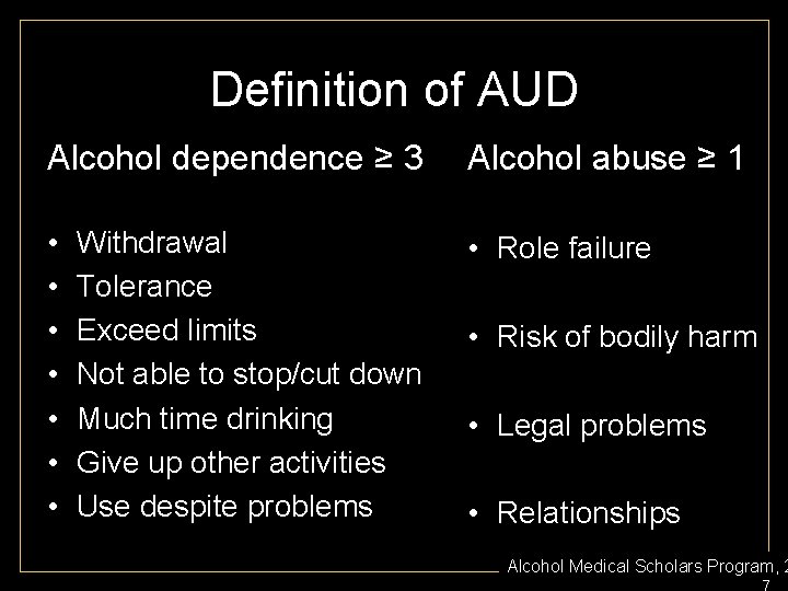 Definition of AUD Alcohol dependence ≥ 3 Alcohol abuse ≥ 1 • • Role