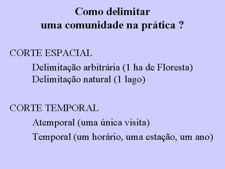 Como delimitar uma comunidade na prática ? CORTE ESPACIAL Delimitação arbitrária (1 ha de