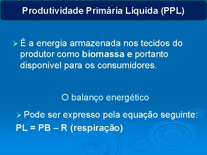 Produtividade Primária Líquida (PPL) Ø É a energia armazenada nos tecidos do produtor como