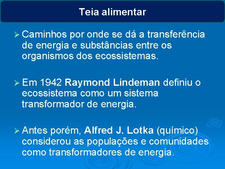 Teia alimentar Ø Caminhos por onde se dá a transferência de energia e substâncias