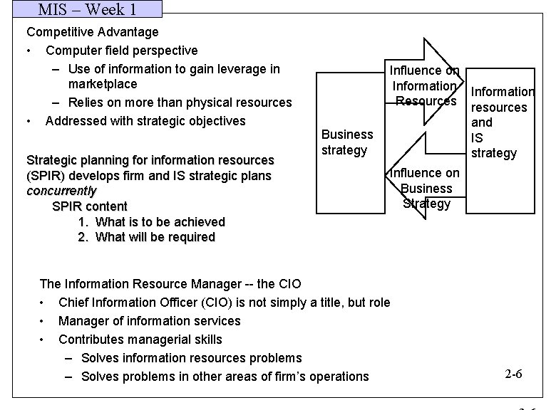 MIS – Week 1 Competitive Advantage • Computer field perspective – Use of information
