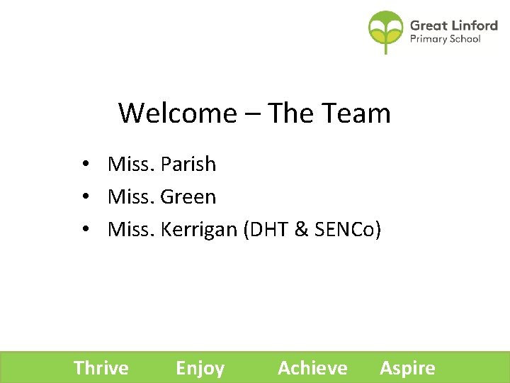 Welcome – The Team • Miss. Parish • Miss. Green • Miss. Kerrigan (DHT