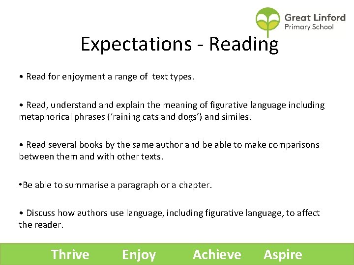 Expectations - Reading • Read for enjoyment a range of text types. • Read,