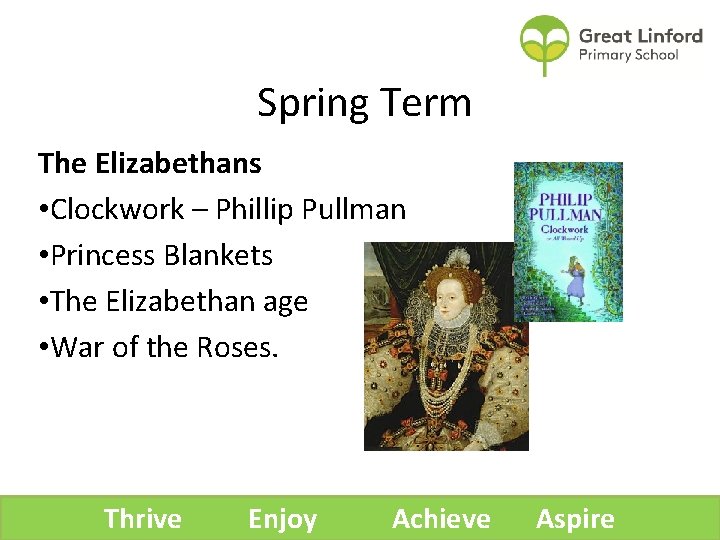 Spring Term The Elizabethans • Clockwork – Phillip Pullman • Princess Blankets • The