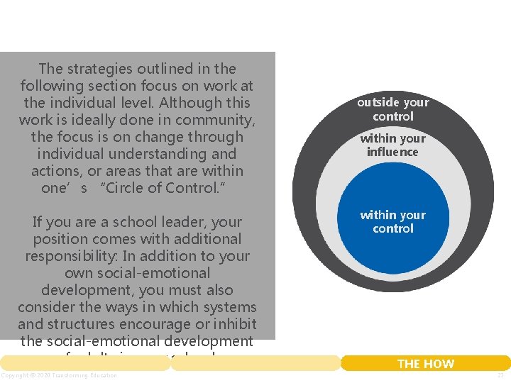 The strategies outlined in the following section focus on work at the individual level.