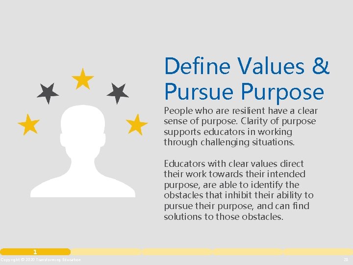 Define Values & Pursue Purpose People who are resilient have a clear sense of