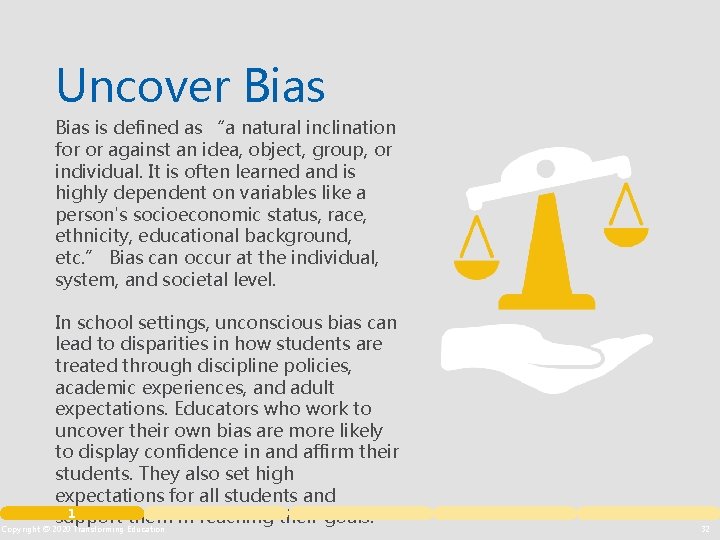 Uncover Bias is defined as “a natural inclination for or against an idea, object,
