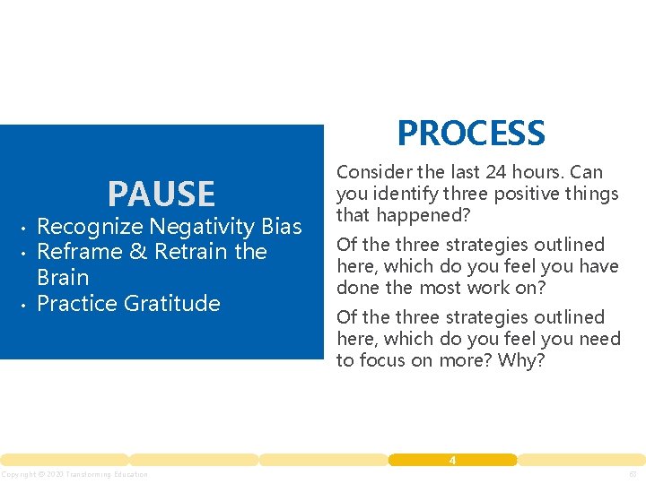 PROCESS PAUSE • • • Recognize Negativity Bias Reframe & Retrain the Brain Practice