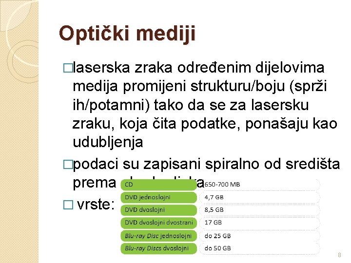 Optički mediji �laserska zraka određenim dijelovima medija promijeni strukturu/boju (sprži ih/potamni) tako da se