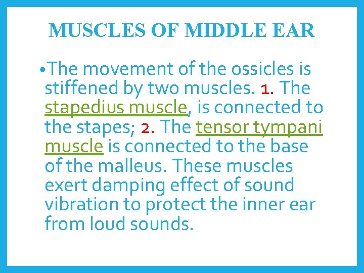 MUSCLES OF MIDDLE EAR • The movement of the ossicles is stiffened by two
