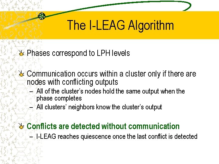 The I-LEAG Algorithm Phases correspond to LPH levels Communication occurs within a cluster only