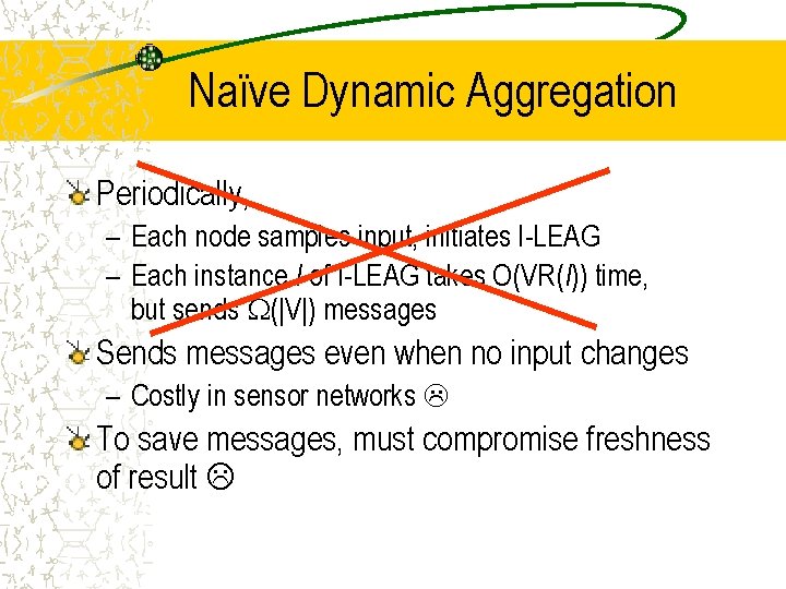 Naïve Dynamic Aggregation Periodically, – Each node samples input, initiates I-LEAG – Each instance