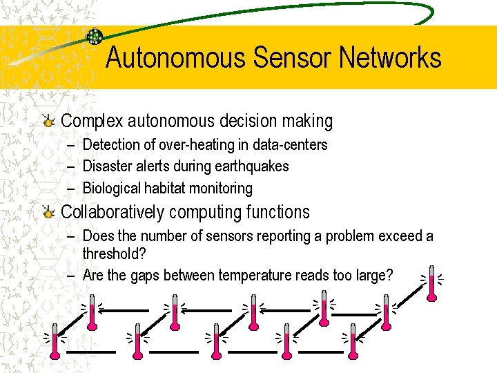 Autonomous Sensor Networks Complex autonomous decision making – Detection of over-heating in data-centers –