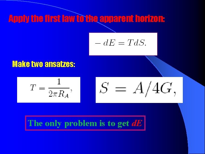 Apply the first law to the apparent horizon: Make two ansatzes: The only problem