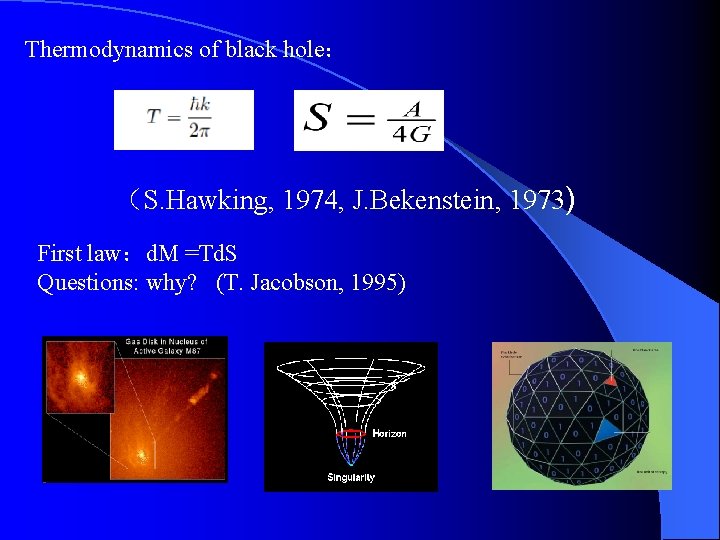 Thermodynamics of black hole： （S. Hawking, 1974, J. Bekenstein, 1973) First law：d. M =Td.