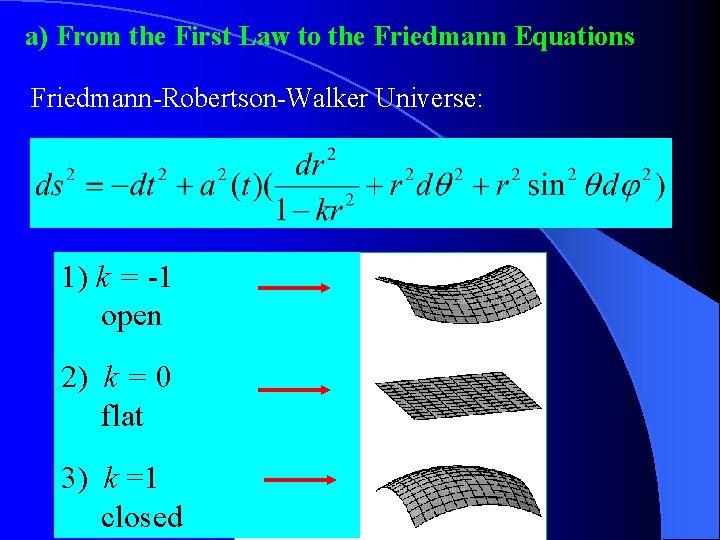 a) From the First Law to the Friedmann Equations Friedmann-Robertson-Walker Universe: 1) k =