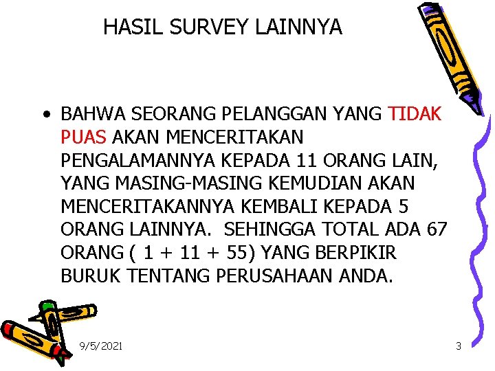 HASIL SURVEY LAINNYA • BAHWA SEORANG PELANGGAN YANG TIDAK PUAS AKAN MENCERITAKAN PENGALAMANNYA KEPADA