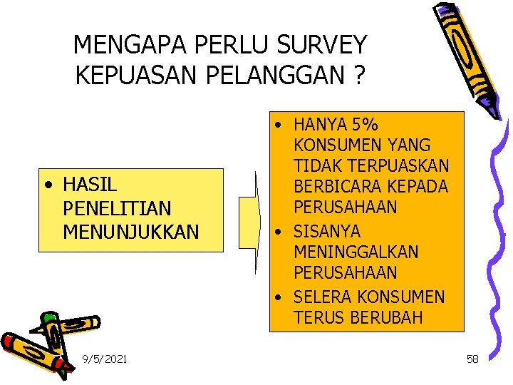 MENGAPA PERLU SURVEY KEPUASAN PELANGGAN ? • HASIL PENELITIAN MENUNJUKKAN 9/5/2021 • HANYA 5%