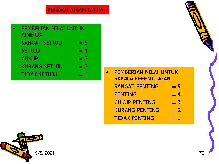 PENGOLAHAN DATA : • PEMBELIAN NILAI UNTUK KINERJA : SANGAT SETUJU =5 SETUJU =4