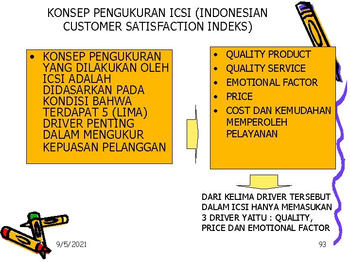KONSEP PENGUKURAN ICSI (INDONESIAN CUSTOMER SATISFACTION INDEKS) • KONSEP PENGUKURAN YANG DILAKUKAN OLEH ICSI