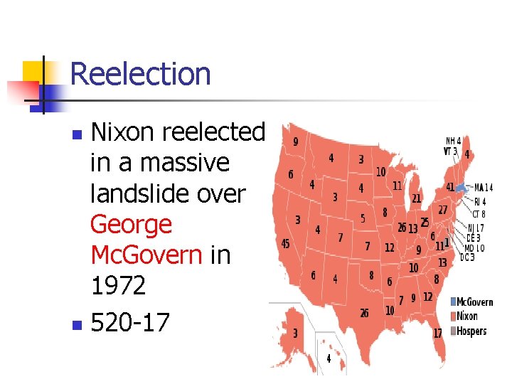 Reelection Nixon reelected in a massive landslide over George Mc. Govern in 1972 n