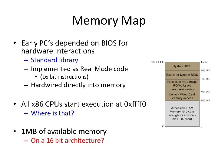 Memory Map • Early PC’s depended on BIOS for hardware interactions – Standard library Memory Map • Early PC’s depended on BIOS for hardware interactions – Standard library