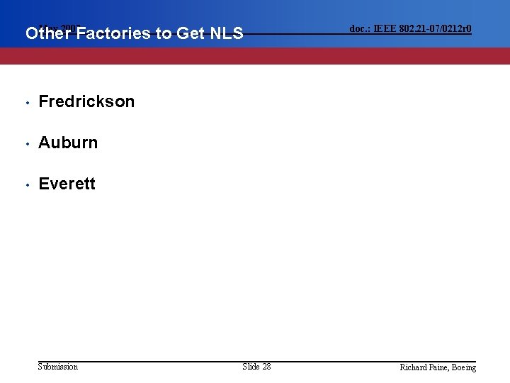 May 2007 Other Factories to Get NLS • Fredrickson • Auburn • Everett Submission