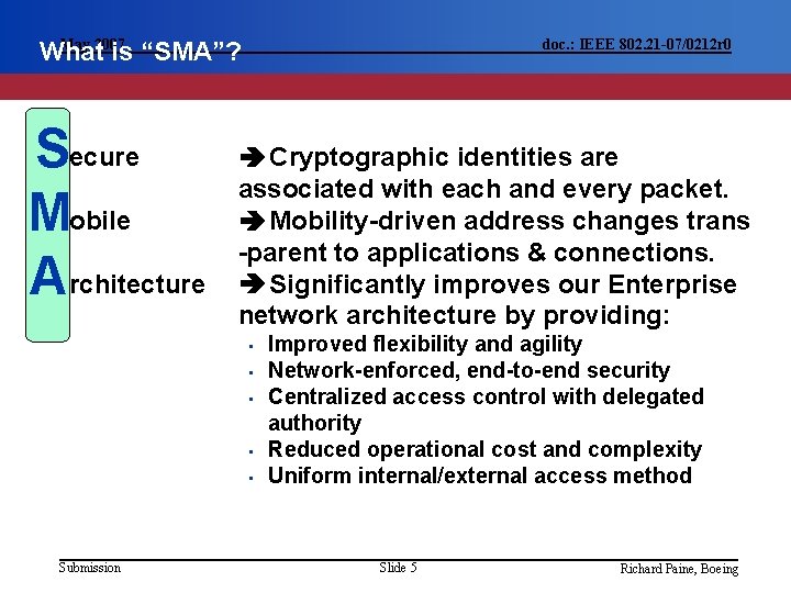 May 2007 What is “SMA”? Secure Mobile Architecture doc. : IEEE 802. 21 -07/0212