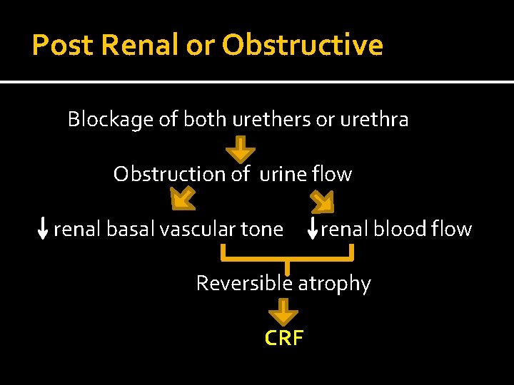 Post Renal or Obstructive Blockage of both urethers or urethra Obstruction of urine flow