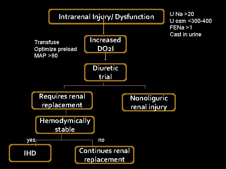 Intrarenal Injury/ Dysfunction Increased DO 2 I Transfuse Optimize preload MAP >80 Diuretic trial