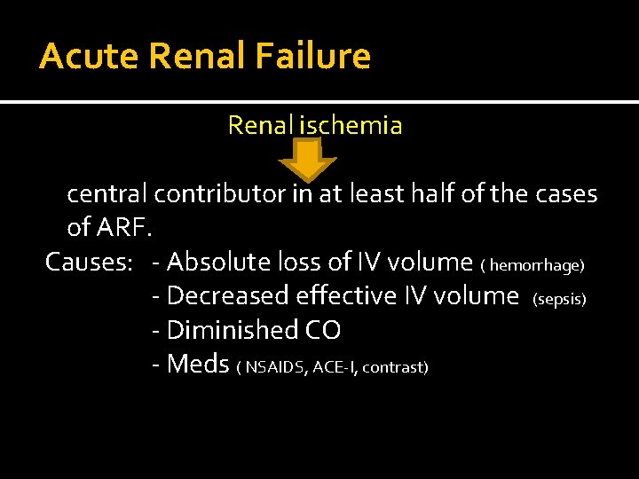 Acute Renal Failure Renal ischemia central contributor in at least half of the cases