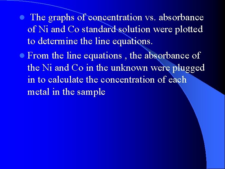 The graphs of concentration vs. absorbance of Ni and Co standard solution were plotted