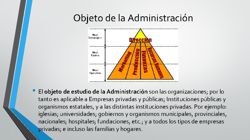 Objeto de la Administración • El objeto de estudio de la Administración son las