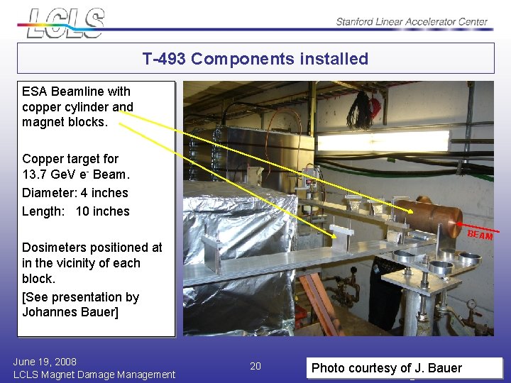 T-493 Components installed ESA Beamline with copper cylinder and magnet blocks. Copper target for