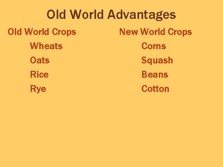 Old World Advantages Old World Crops Wheats Oats Rice Rye New World Crops Corns