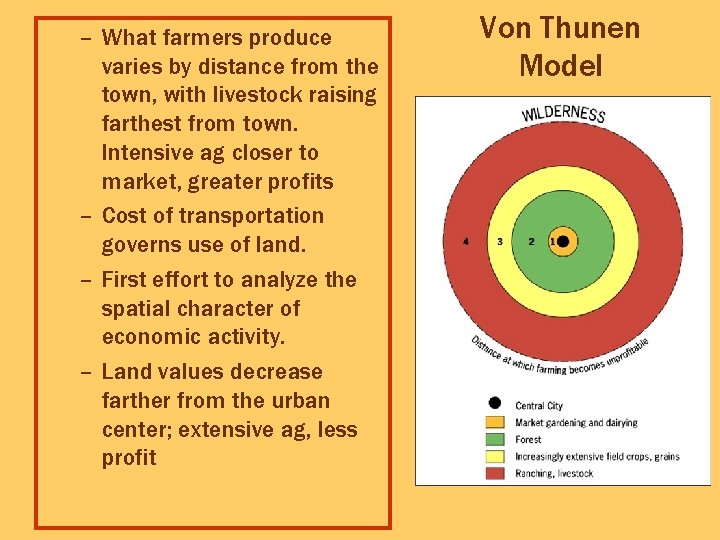 – What farmers produce varies by distance from the town, with livestock raising farthest