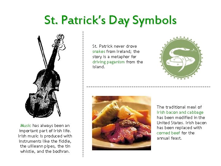 St. Patrick’s Day Symbols St. Patrick never drove snakes from Ireland; the story is
