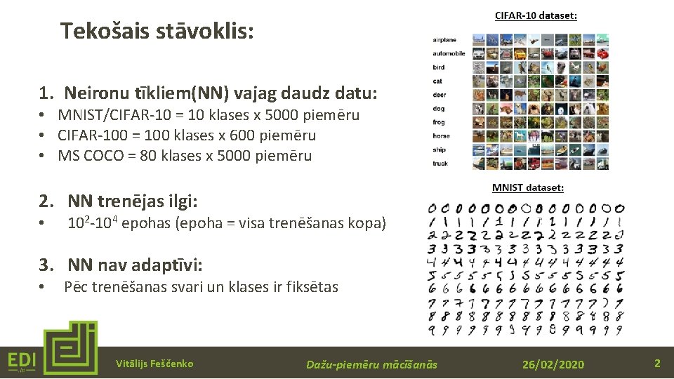 Tekošais stāvoklis: 1. Neironu tīkliem(NN) vajag daudz datu: • MNIST/CIFAR-10 = 10 klases x