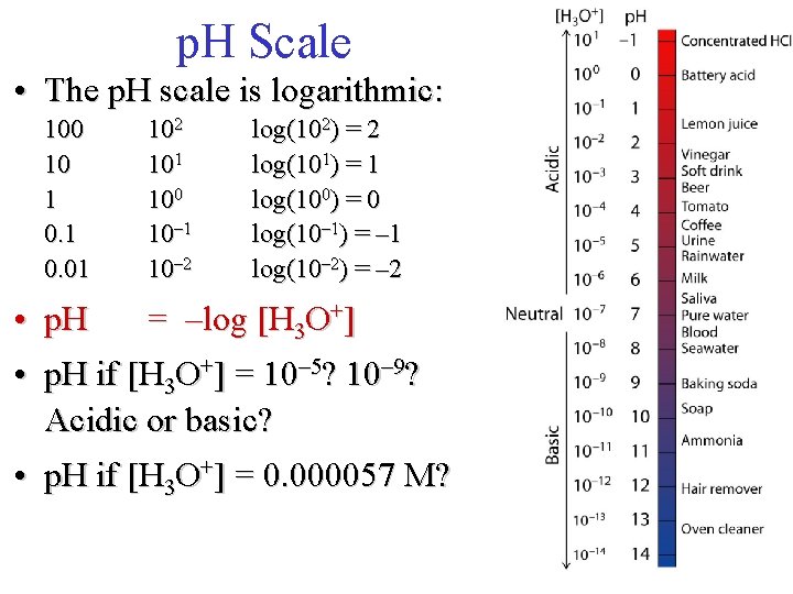 p. H Scale • The p. H scale is logarithmic: 100 10 1 0.