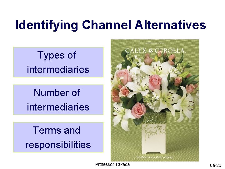 Identifying Channel Alternatives Types of intermediaries Number of intermediaries Terms and responsibilities Professor Takada