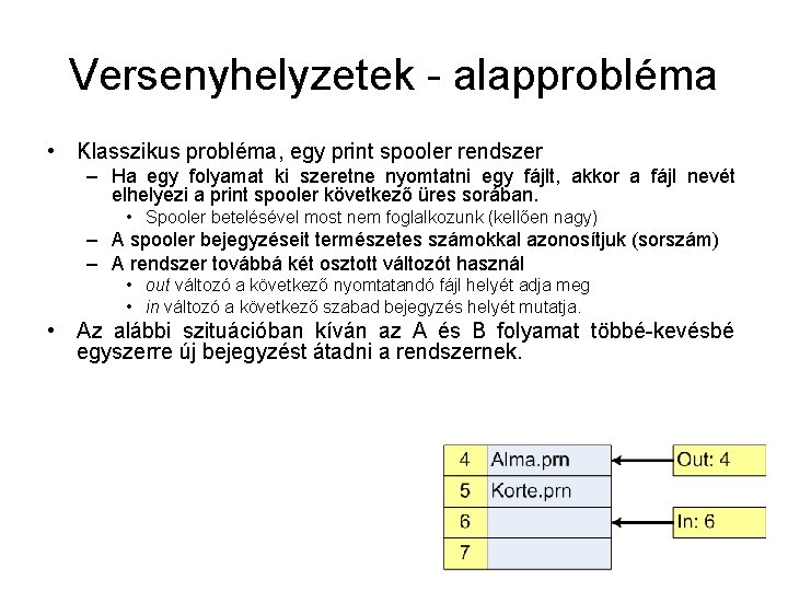 Versenyhelyzetek - alapprobléma • Klasszikus probléma, egy print spooler rendszer – Ha egy folyamat