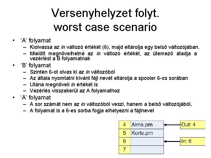 Versenyhelyzet folyt. worst case scenario • ‘A’ folyamat – Kiolvassa az in változó értékét